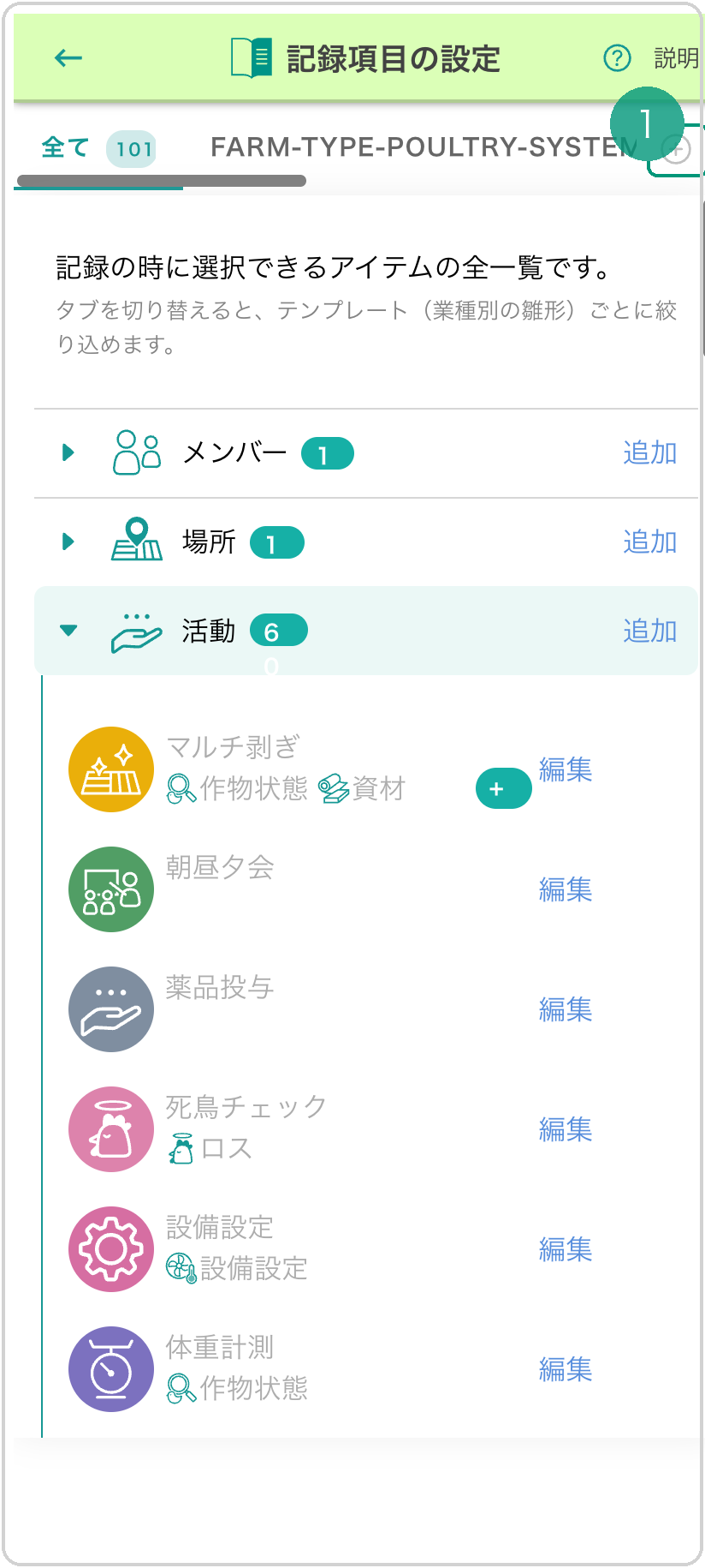 記録項目の設定画面。業種タブの右端にある『＋』（記録テンプレート追加）ボタンに緑枠❶