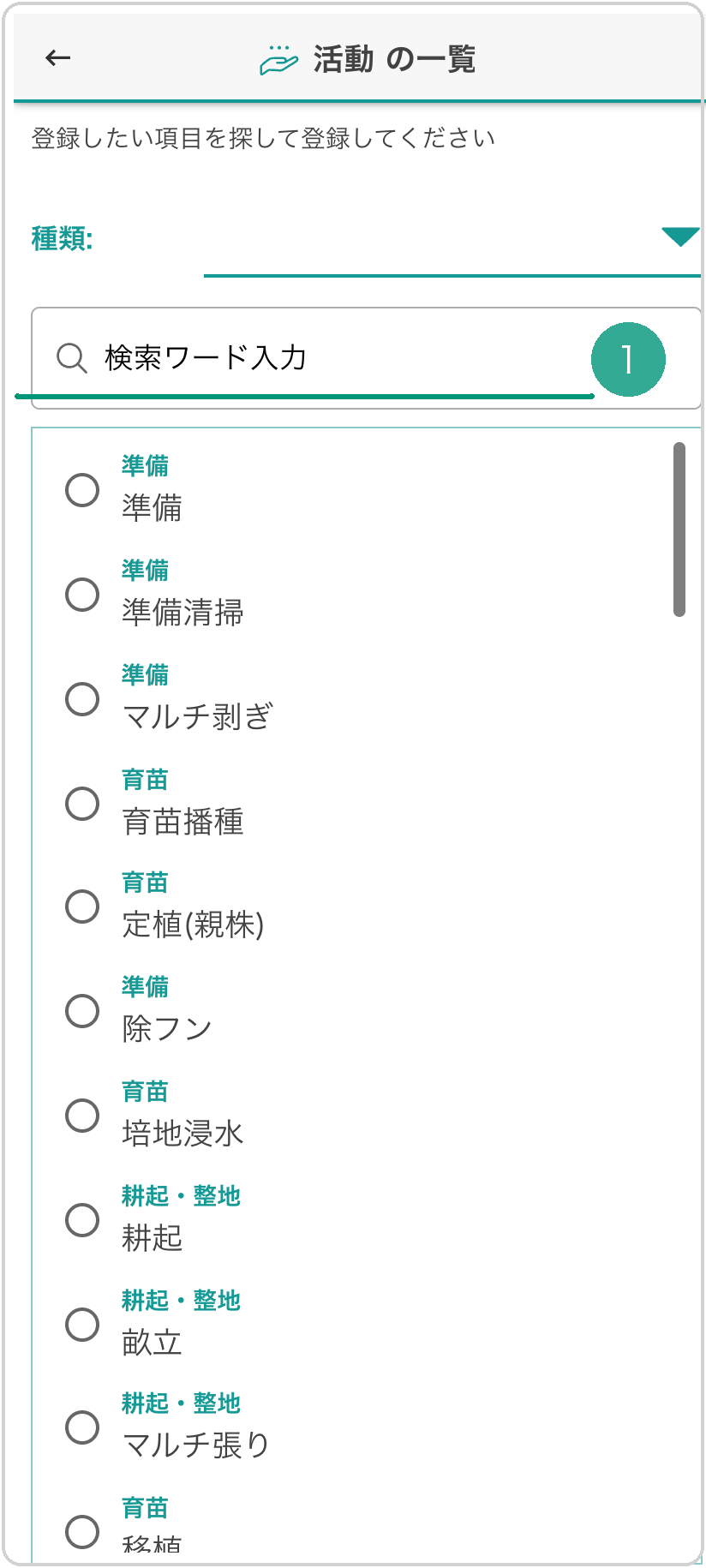 「活動の一覧」画面。上部の検索バー（検索ワード入力）に緑下線❶。下に活動候補のラジオリスト