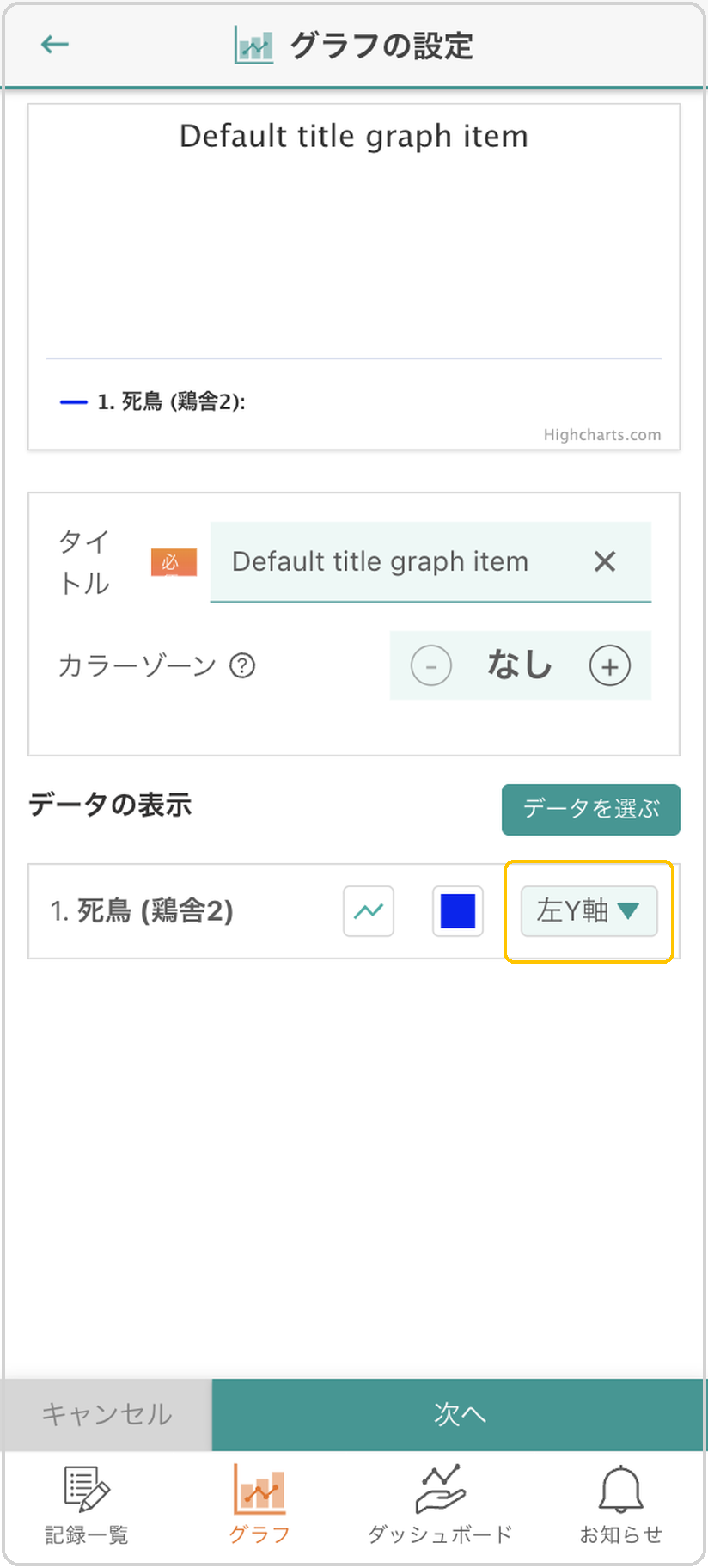 グラフの設定画面「データの表示」行。「左Y軸」の軸選択に黄色枠