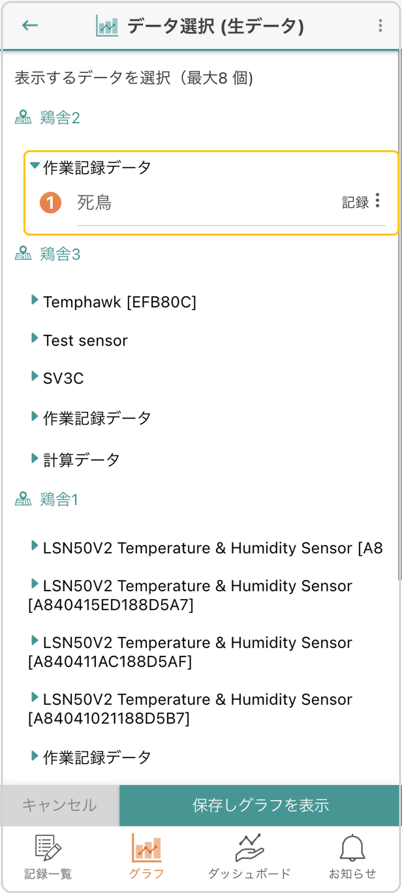 データ選択画面。場所（鶏舎2）の「作業記録データ」を開き、追加された「死鳥」項目に黄色枠