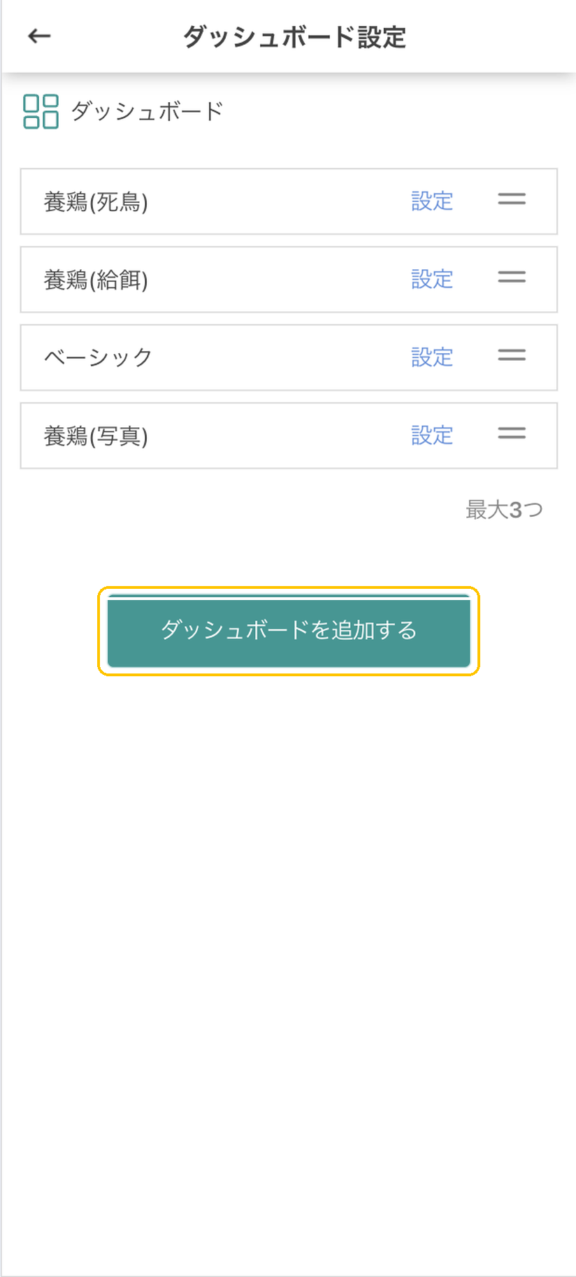 ダッシュボード設定画面。「ダッシュボードを追加する」ボタンに黄色枠